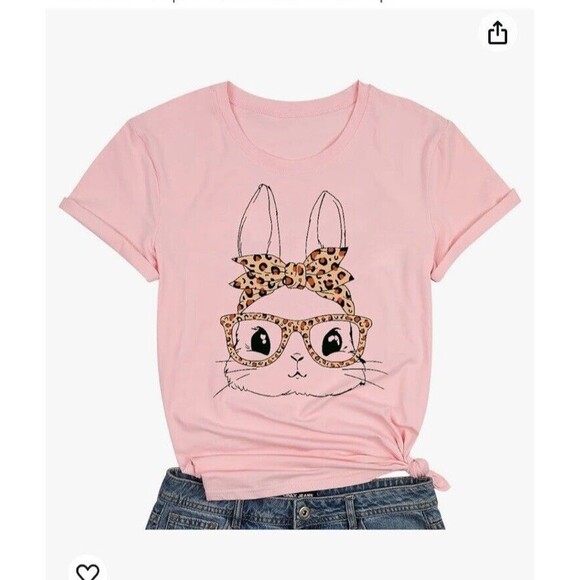 Bunny T-Shirt Women's Size M Pink Leopard Glasses Easter Bunny Graphic Tee - Picture 1 of 11